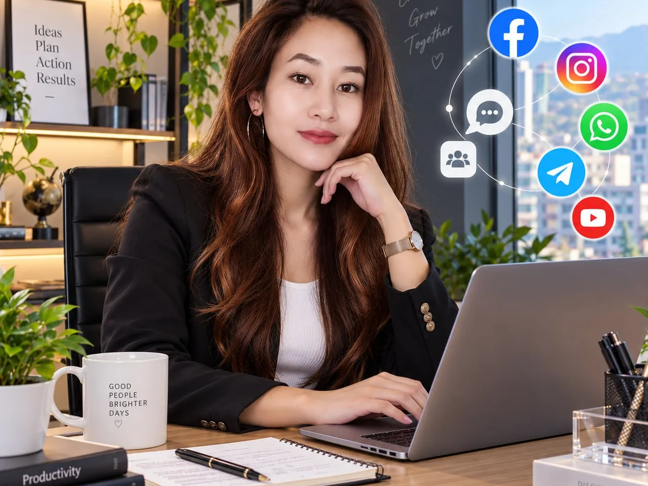 Customer support professional calmly managing conversations from a laptop