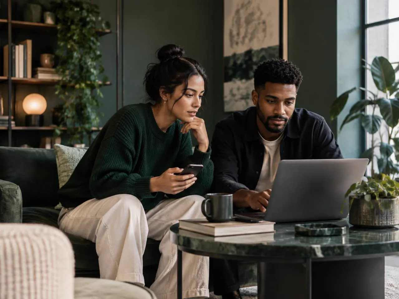 Online business team working together with a phone and laptop