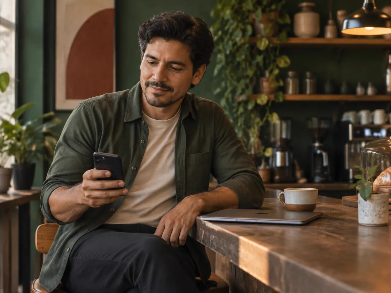 Business owner calmly reviewing messages on a phone