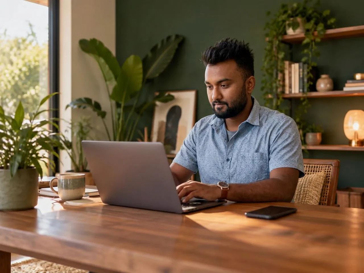 A relaxed entrepreneur confidently managing conversations from her phone